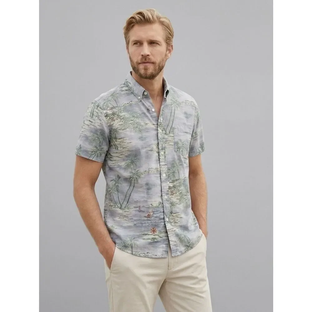 J. Crew Men’s Gray Hawaiian Tropical Beachy Short Sleeve Shirt Size Extra Large